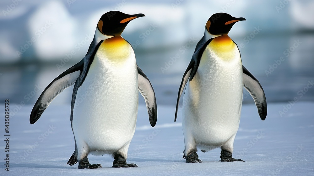 Fototapeta premium Emperor penguins walk on icy Antarctic landscape