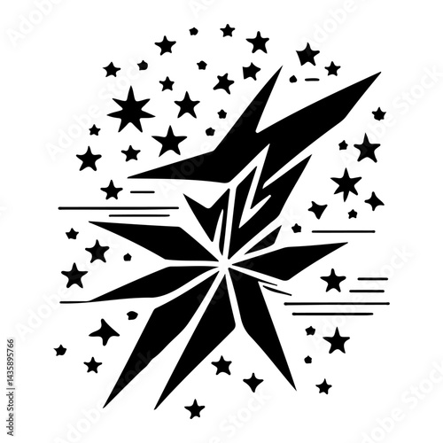 Abstract celestial constellation illustration with fragmented star and scattered cosmic elements
