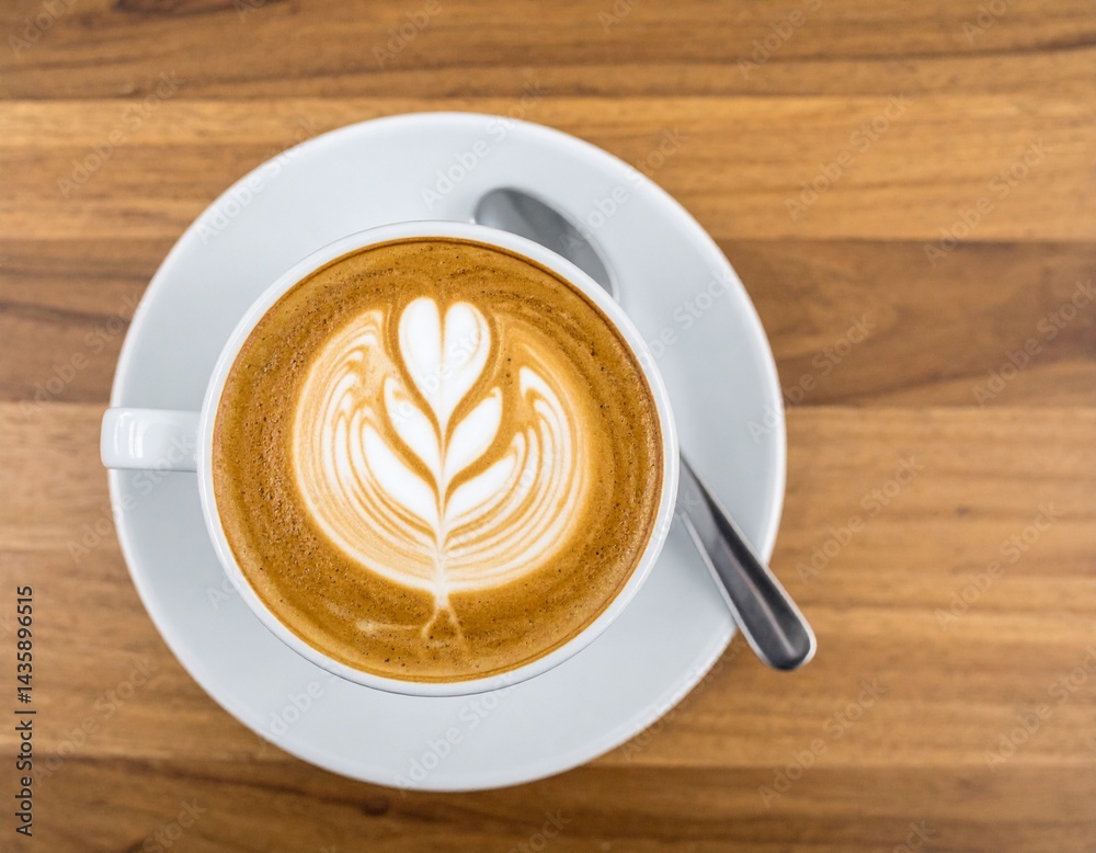 Overhead view of latte art coffee on wooden table with creamy design Overhead view of latte art coffee on wooden table with creamy design