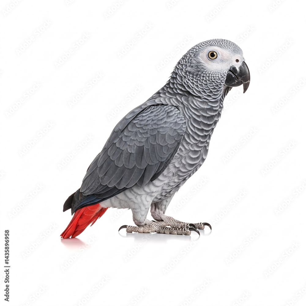 Naklejka premium An African grey parrot isolated on a white background. A grey bird with a bright red tail
