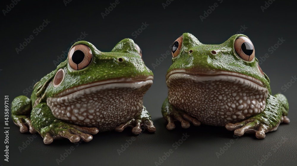 Obraz premium Two green frogs facing front, studio setting, background dark gray. Possible use children's book, educational material