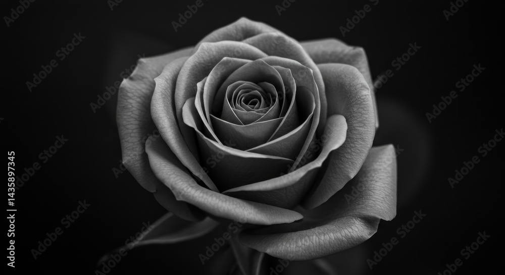 Fototapeta premium Monochrome Rose Close Up - A single rose, in monochrome, symbolizes beauty, elegance, love, passion, and mystery. Its delicate petals and intricate details are captured in artistic detail