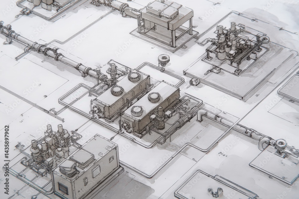 Industrial Process Diagram with Machinery and Piping Layout