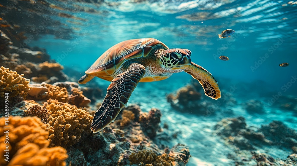 Fototapeta premium Sea turtle gracefully swimming amidst vibrant coral reef.