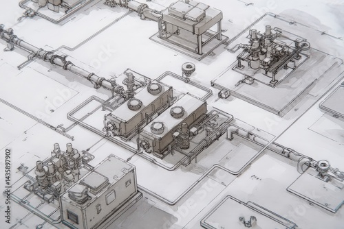 Obraz na płótnie Industrial Process Diagram with Machinery and Piping Layout w salonie