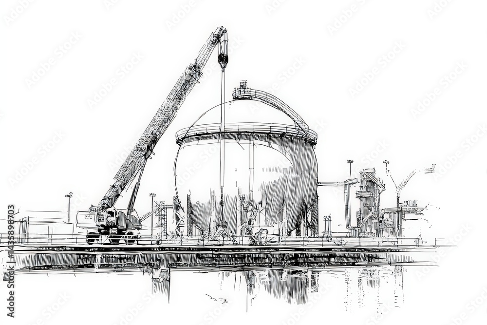 Industrial Site with Crane and Storage Tank in Technical Drawing Style