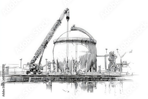 Obraz na płótnie Industrial Site with Crane and Storage Tank in Technical Drawing Style w salonie
