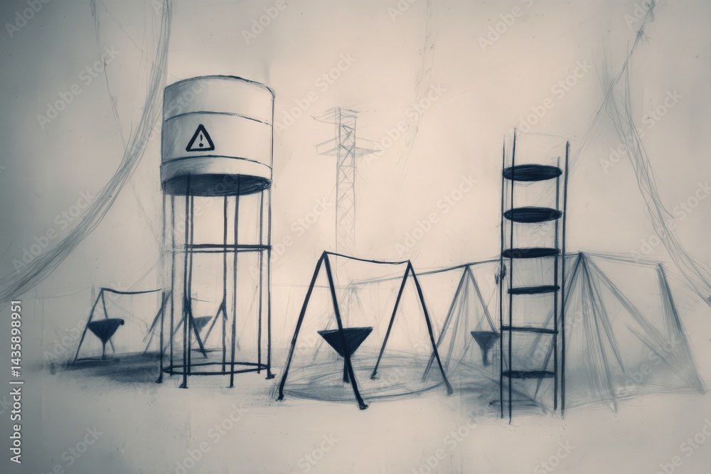 Industrial Site with Water Tower and Equipment in a Gritty Atmosphere