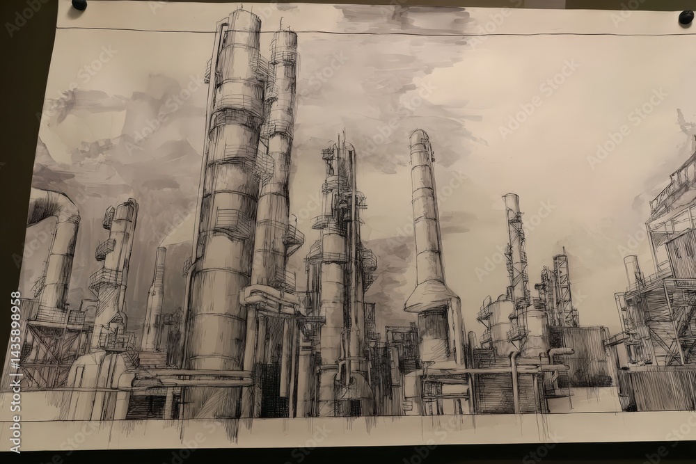 Industrial Sketch of Complex Chemical Plant Infrastructure Design