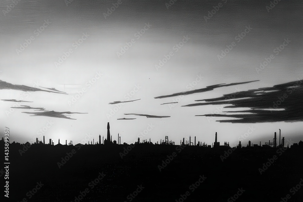 Industrial Skyline at Dusk Silhouette with Dramatic Clouds