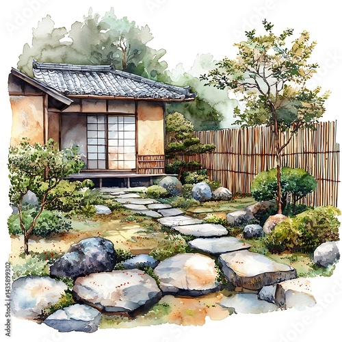 Serene Japanese Garden with Traditional House and Stone Pathway. A watercolor painting of a peaceful and tranquil Asian garden scene.