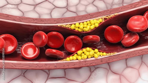 Illustration showing severe arterial blockage due to cholesterol deposits and blood clot formation