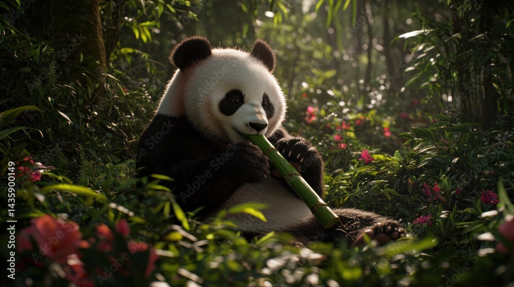 Obraz premium Panda eating bamboo in lush forest garden setting