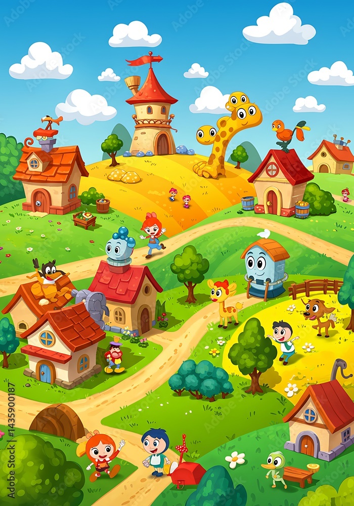 Fototapeta premium Whimsical Village Adventure AI Generated