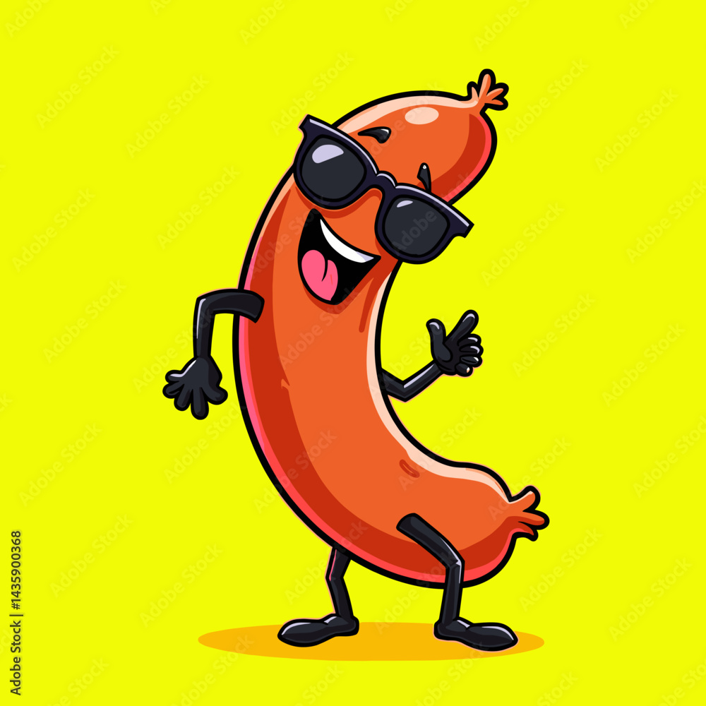 Naklejka premium Funny sausage wearing sunglasses and dancing