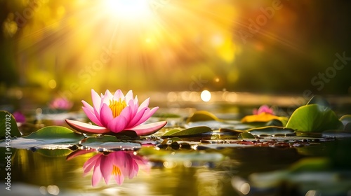 Serene Lotus Flower Illuminated by Sunlight in Tranquil Pond