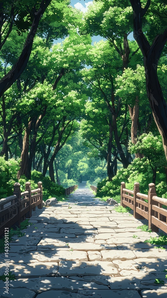 Fototapeta premium Walking the Stone Path Through Lush Green Forest Canopy in Summer