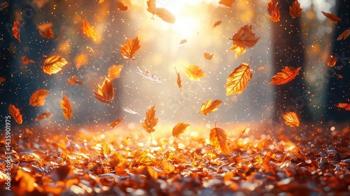 Enchanted autumn twilight with scattered amber leaves jpeg background image