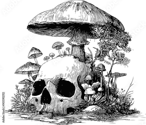 Skull covered by mushrooms in intricate black and white illustration. Vector illustration
