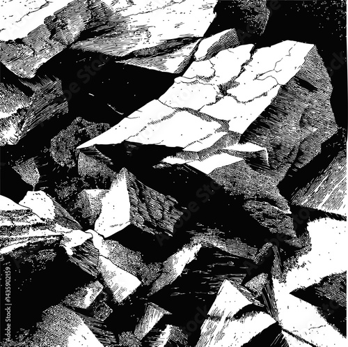 Monochrome abstract drawing of jagged rocky terrain with intricate details. Vector illustration