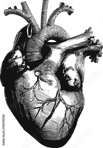 Detailed black and white anatomical illustration of a human heart. Vector illustration