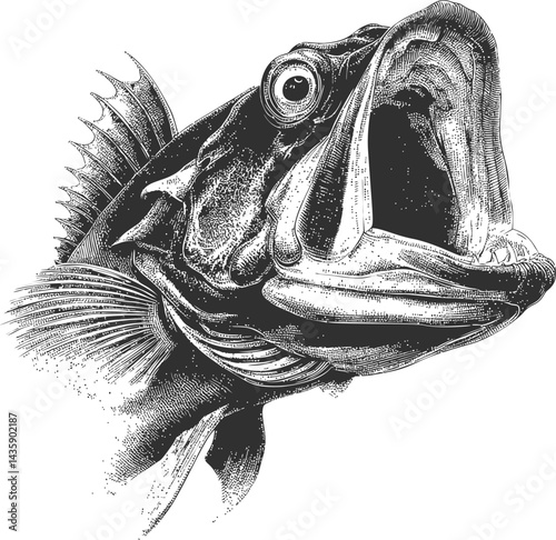 Detailed black and white drawing of fish with open mouth and intricate scales. Vector illustration