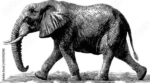 Detailed black and white illustration of an elephant walking gracefully. Vector illustration