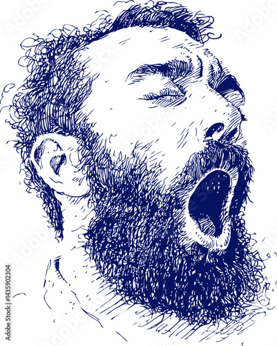 Sketch of a bearded man yawning with expressive emotion and intricate details. Vector illustration