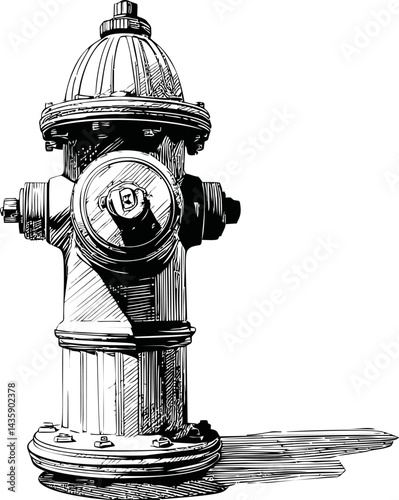 Detailed black and white illustration of a classic fire hydrant sketch. Vector illustration