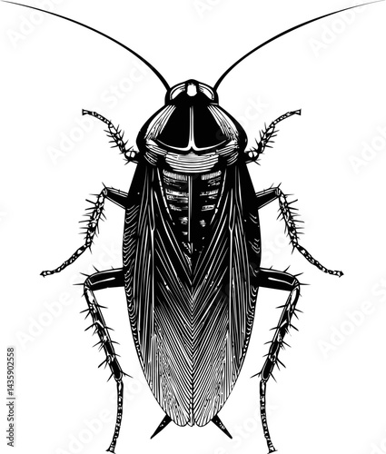 Detailed black and white illustration of a cockroach. Vector illustration