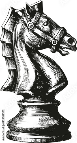 Intricate black and white chess knight illustration with detailed textures. Vector illustration