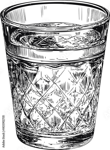 Detailed sketch of a faceted glass tumbler with intricate design lines. Vector illustration