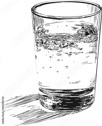Line drawing of a glass with bubbles and water. Vector illustration