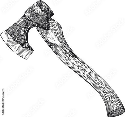 Wooden-handled axe with intricate blade engraving, vintage woodcut style art. Vector illustration