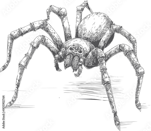 Detailed black and white sketch of a spider with long legs and hairy texture. Vector illustration