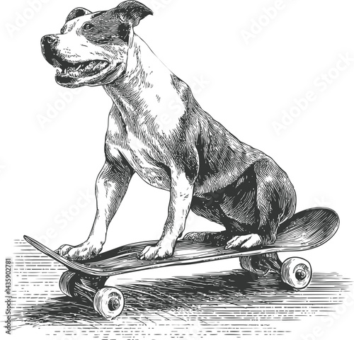 Dog sitting on skateboard, detailed black and white engraving. Vector illustration