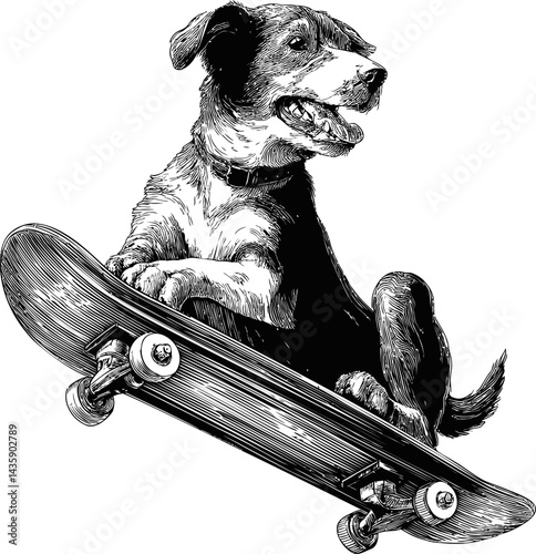 Dog enjoying a skateboard ride, monochrome illustration of a playful pet. Vector illustration
