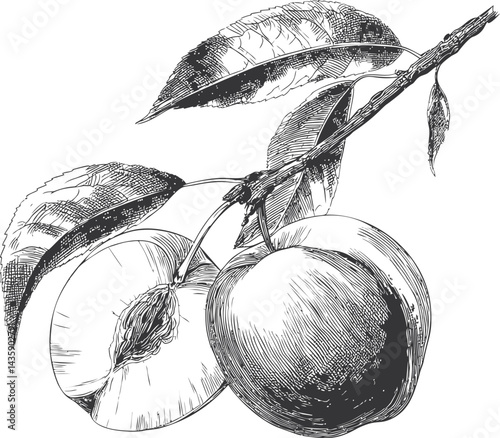 Detailed black and white drawing of peaches with leaves on a branch. Vector illustration