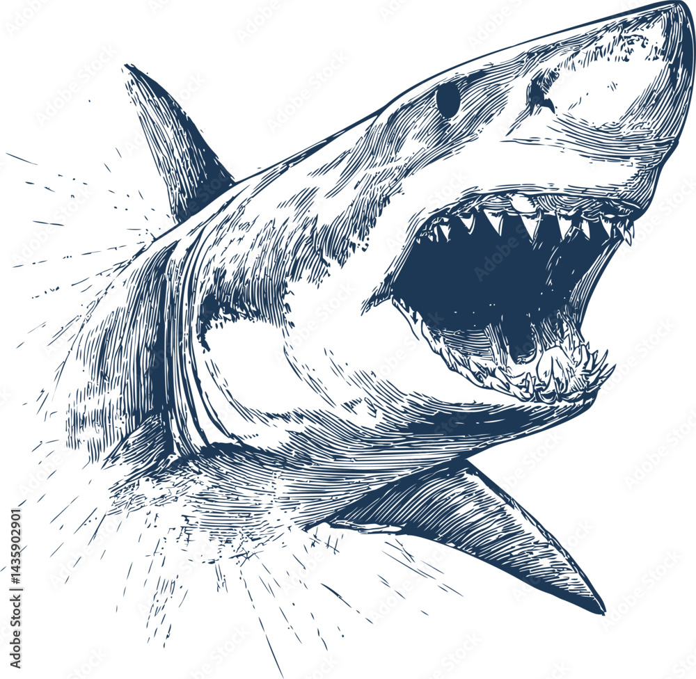Ferocious shark illustration with open jaws in monochrome ink drawing style. Vector illustration