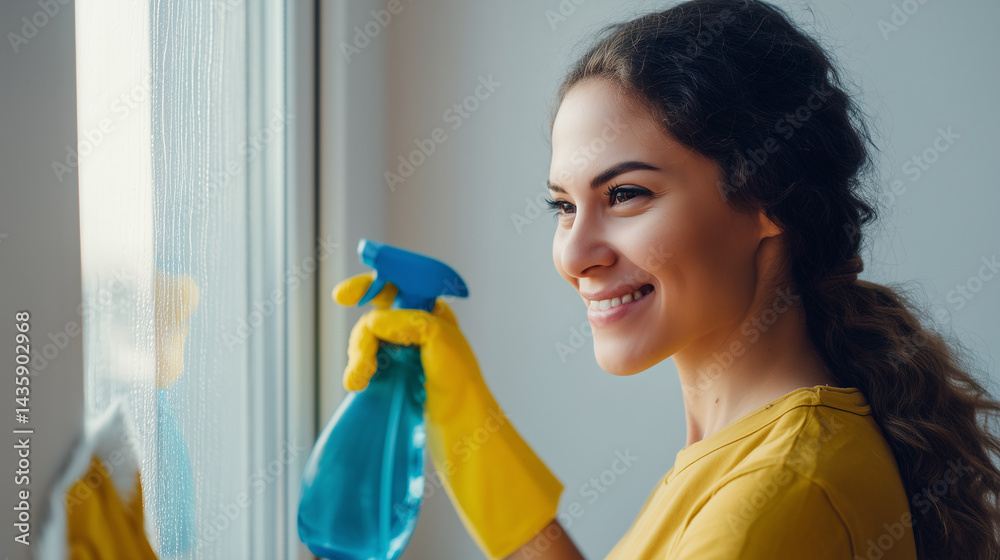 Happy cleaning lady wearing yellow rubber gloves, holding spray bottle and cloth, washing windows at home