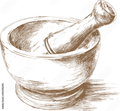 Illustrated vintage mortar and pestle with detailed engraving effect. Vector illustration