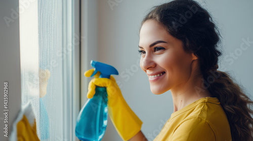 Obraz na płótnie Happy cleaning lady wearing yellow rubber gloves, holding spray bottle and cloth, washing windows at home w salonie