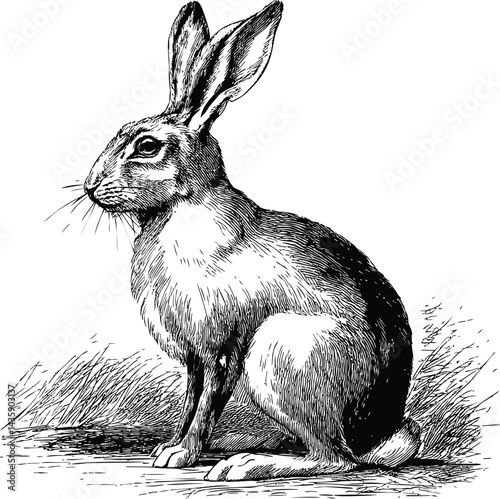 Black and white detailed illustration of a sitting hare in a natural setting. Vector illustration