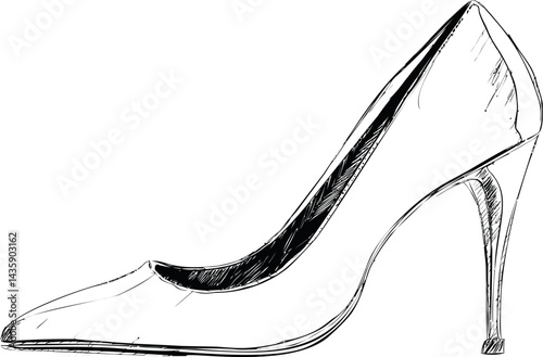 Black and white sketch of a high-heeled shoe, elegant fashion illustration. Vector illustration