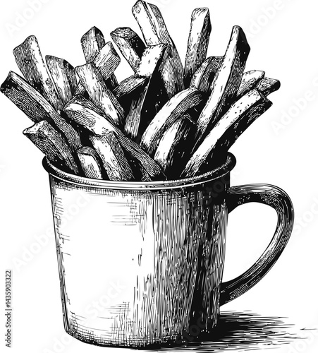 Vintage illustration of french fries overflowing in a metal cup, pen drawing. Vector illustration