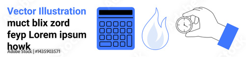 Calculator, flame, and timer in minimalist style. Ideal for energy saving, time efficiency, budgeting, education, project management, energy cost calculation simple landing page