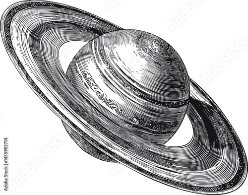 Monochrome illustration of Saturn with detailed rings, vintage engraving style. Vector illustration