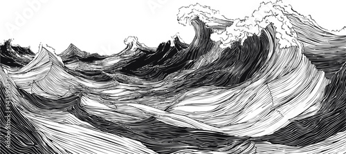 Ink drawing of turbulent waves with dynamic lines, abstract ocean illustration. Vector illustration