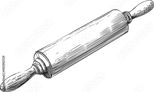 Wooden rolling pin with detailed sketch illustration, vintage kitchen tool. Vector illustration
