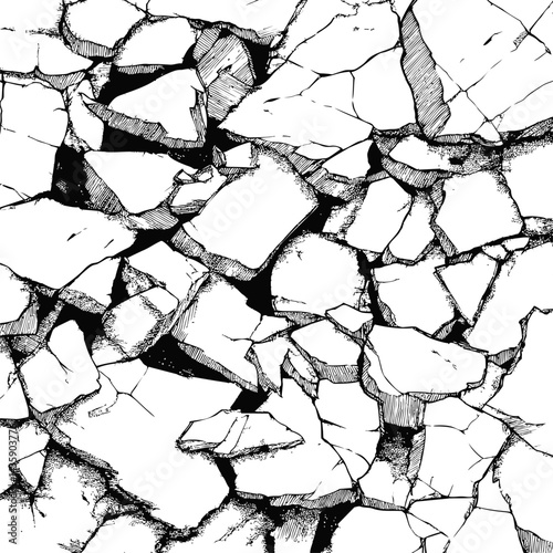 Monochrome sketch of a cracked surface with random jagged edges, abstract art. Vector illustration